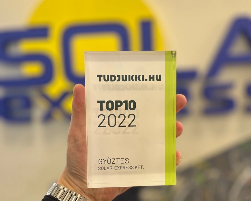 A Solar Express TOP 10 2022 díja, melyet a Tudjukki.hu-n szerzett ügyfelek értékelése alapján érdemeltek ki.