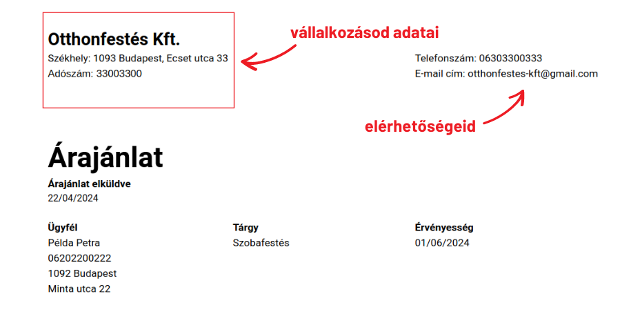 Árajánlat adatok