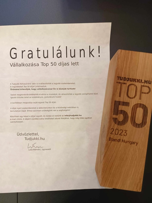 Blandl Hungary Kft. - Tudjukki Top 50 2023 díj A Blandl Hungary Kft. TOP 50 2023 díja, melyet a Tudjukki.hu-n szerzett ügyfelek értékelése alapján érdemeltek ki.
