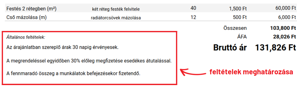 Árajánlat feltételek