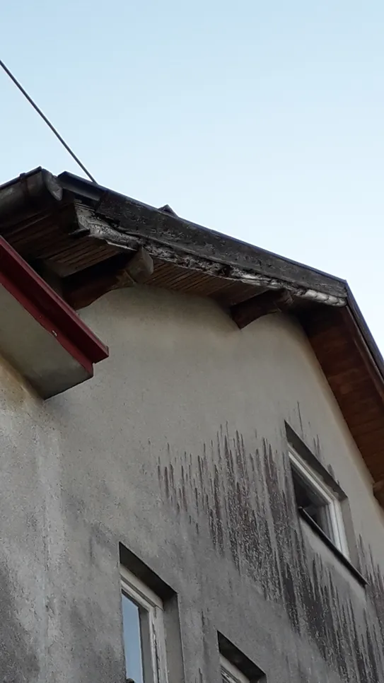 Látható penészfoltok egy ház külső falán a tető alatt, ami nedvességi problémákra és lehetséges vízkárokra utal.